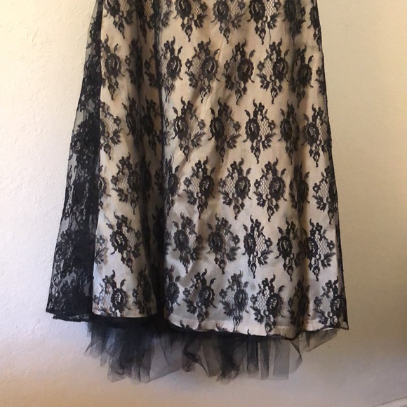 Zum Zum by Niki Livas, Champagne and Black Lace Halter Dress with Tulle Bottom. - Picture 3 of 6